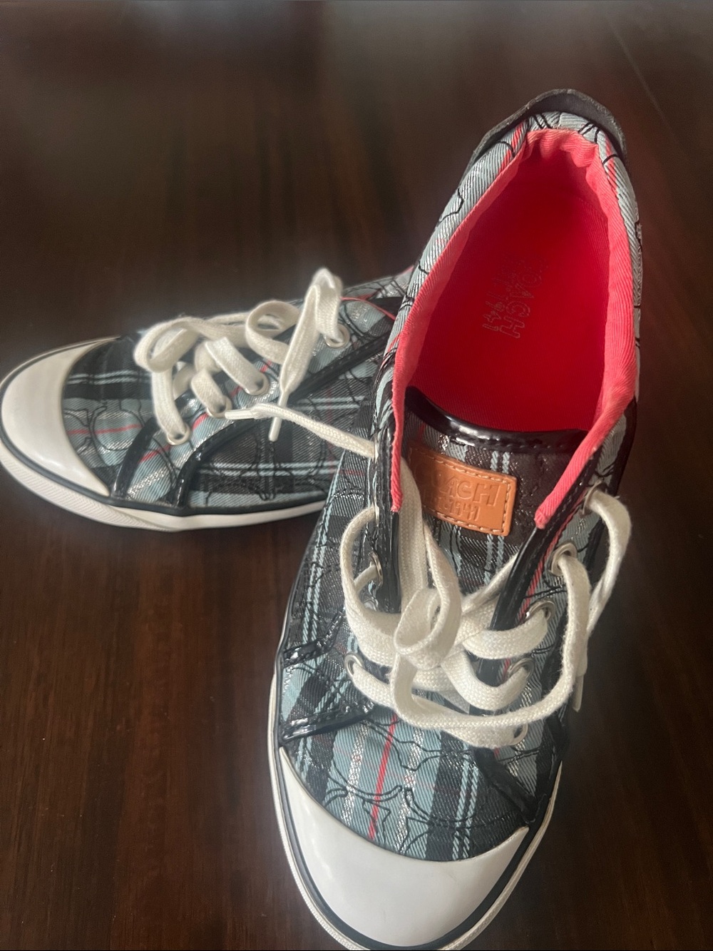 Coach Plaid Sneakers with Pink Lining and White Toe Caps - Picture 3 of 8